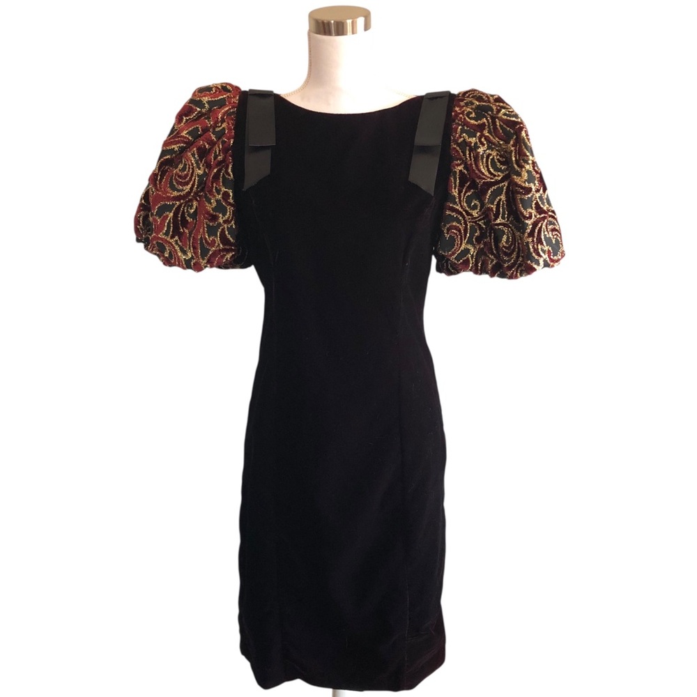VINTAGE 80s Jessica Howard Burgundy Black Velvet Puff Sleeve Cocktail Dress 6